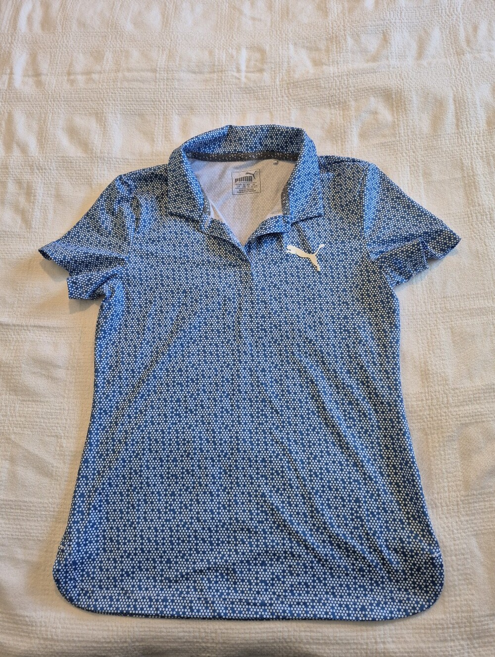 Puma girls Large blue & white geometric design polo shirt logo on sleeve EUC